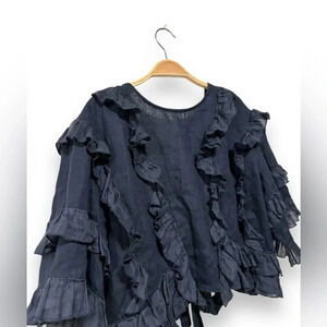 Joslin 100% Linen Navy Blue Ruffle Bow Victorian Lolita Blouse Top Size 4 US